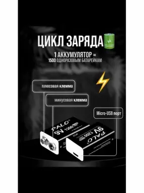 Аккумуляторная батарейка крона Palo 1200 mAh 9V 6F22 USB, 1шт